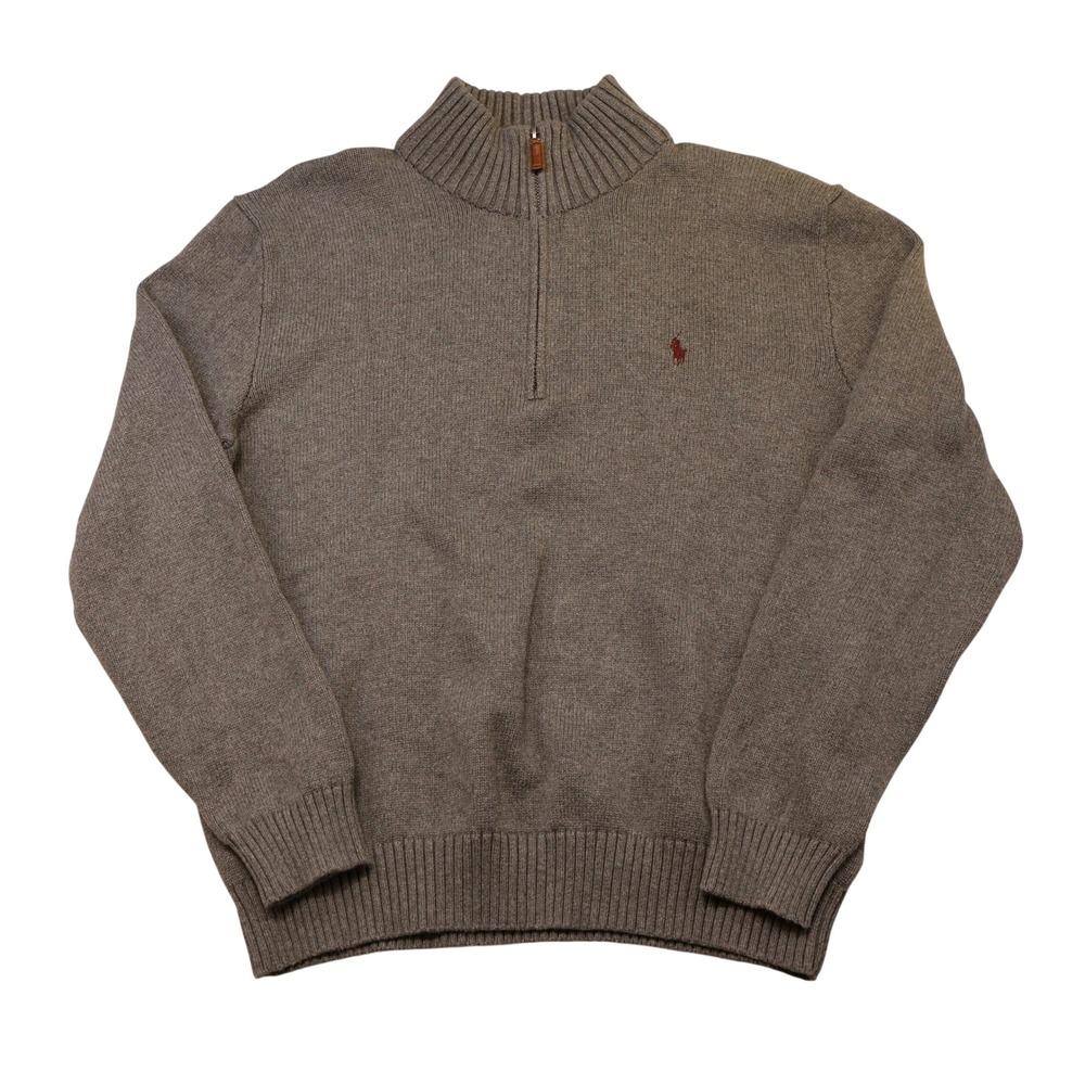 Polo Ralph Lauren Mens L Quarter Zip Sweater Grey Cotton Red Pony Logo